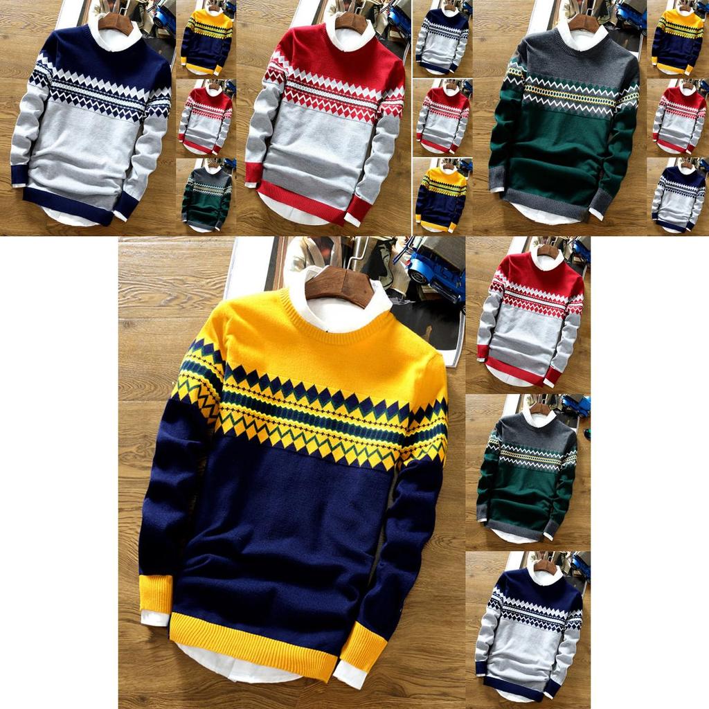 Men Slim Knit Color Block Sweater Crew Neck Jumper Top Winter Pullover Knitwear
