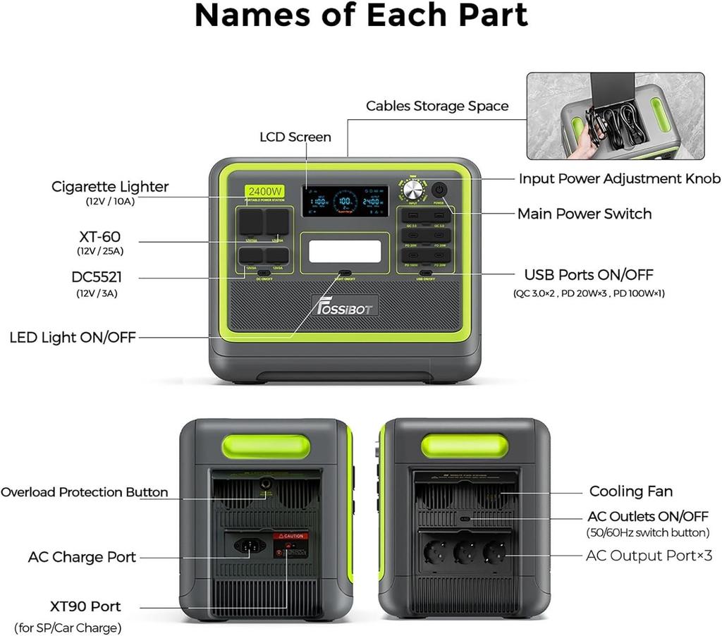 Power Station Portable FOSSiBOT F2400 | Batterie LiFePO4 2048Wh, 2400W (4800W Pic), 3 Sorties CA, RV/Maison/Voyage/Urgence