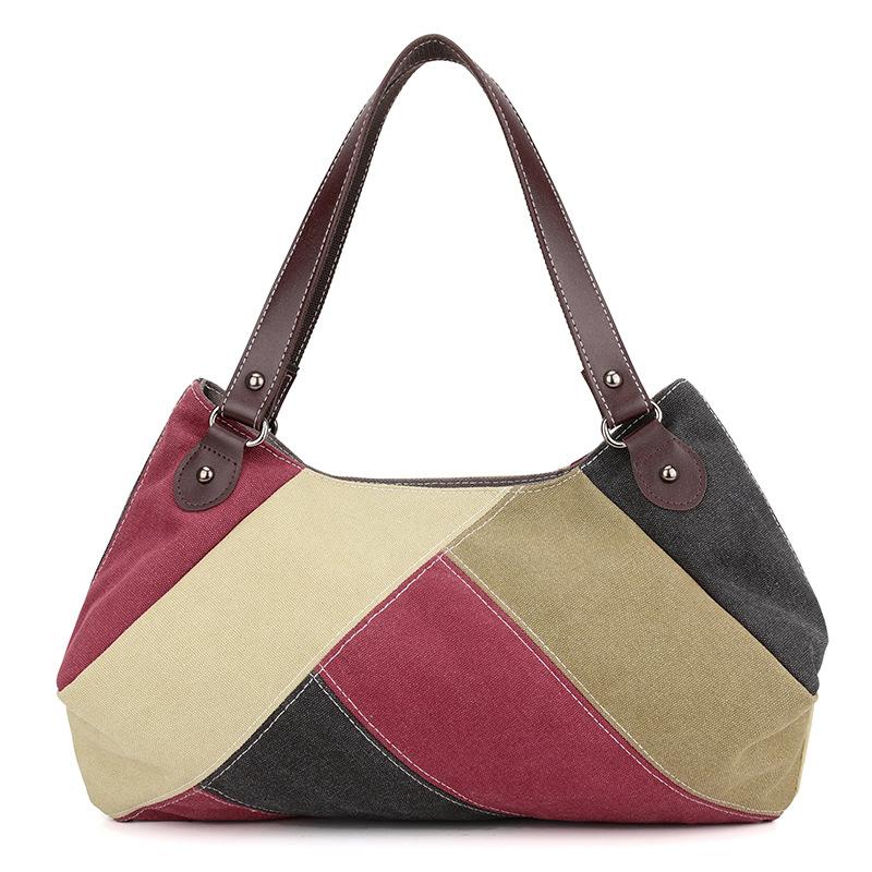 Women's Canvas Bag Color Contrast Shoulder Bag Bag Stitching