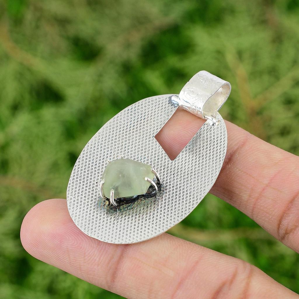 Octagon Prehnite Rough Stone Handmade Wedding Pendant Jewelry Sterling Silver