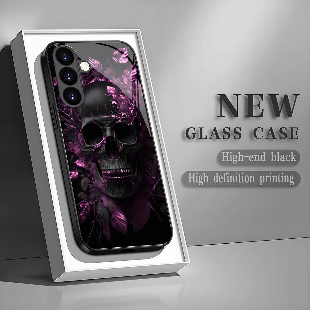 Purple Flower Skull Tempered Glass Phone Case Suitable for Samsung Galaxy S26 S25 S24 S23 S22 S20 FE/Ultra/Plus Anti Drop