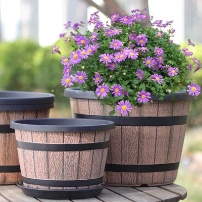 Blumentopf Rustikaler Fassstil Pflanzgefäße mit integrierten Drainagelöchern 8" Braune Kunststoff-inspirierte Oberfläche Extra-Großer, Dicker Pflanzkübel für Terrassen-Garten