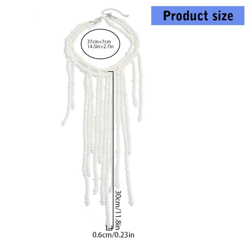 Fashionable Imitation Pearls Layering Necklace With Flowing Fringe Detail Adjustable Beaded Clavicle Chain