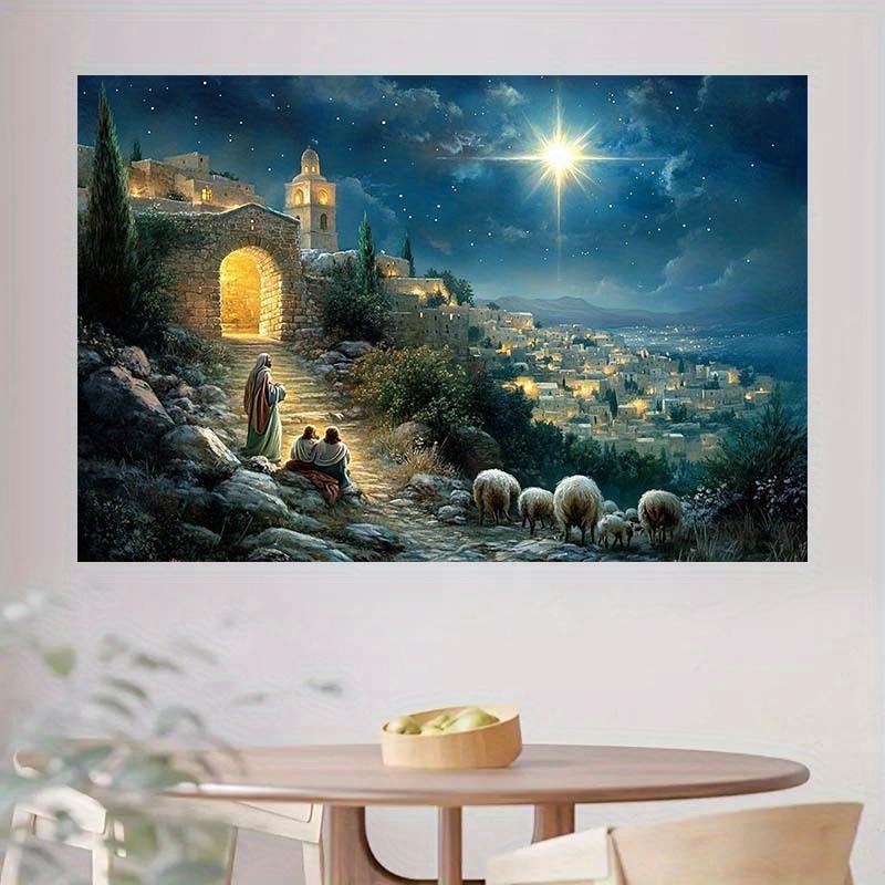 Bible Birth Scene Photography Background Fabric, Shepherd and Town, Polyester, Suitable for Christmas and Birthday Parties