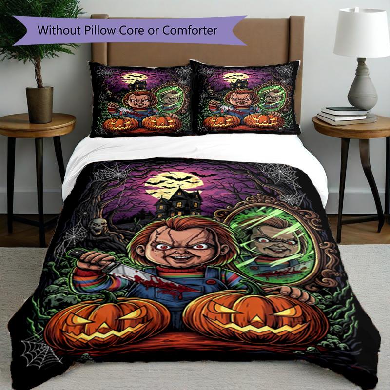 3pcs Duvet Cover Set (1*Duvet Cover + 2*Pillowcase, Without Core), Bride of Chucky Print Bedding Set, Bedroom Decor, All‑Season, Birthday Gift