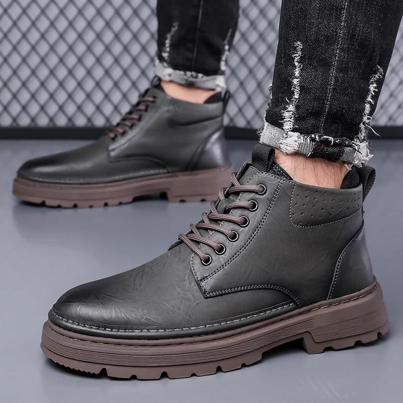 New Men's Boots High Top Leather Shoes Genuine Leather Breathable High Quality Casual Shoes Retro Fashion Lace Up Work Men Shoes