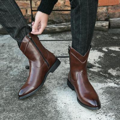 Men’s Western Boots Pointed Toe Wingtips Black Brown Yellow Casual Retro Dress Zipper Leather Men’s Demi-season Mid-calf Boots for Men Plus Size