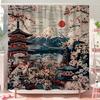 1pc Japanese Retro Shower Curtain - Cherry Blossom & Mountain Design, Red Sun Blue Pink Hues, Polyester ,  Machine Washable