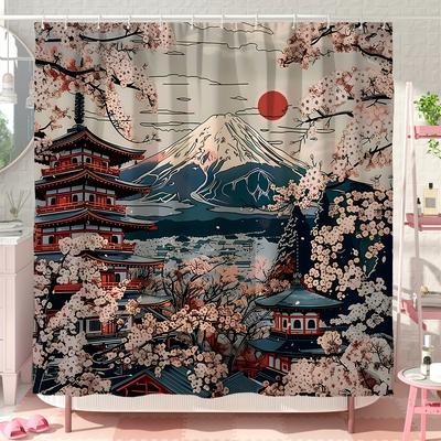 1 Stück Japanischer Retro Duschvorhang - Kirschblüten- & Bergdesign, Rote Sonne Blaue Rosa Farbtöne, Polyester, Maschinenwaschbar