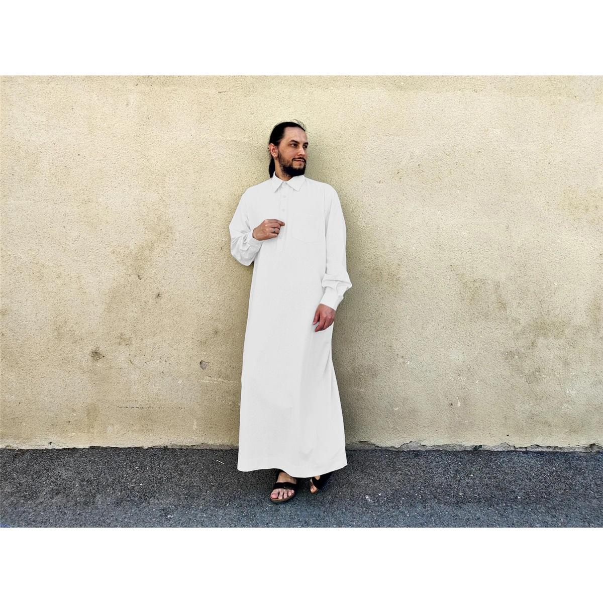

Мужское однотонное свободное льняное мусульманское платье с длинным рукавом и воротником поло S белый
