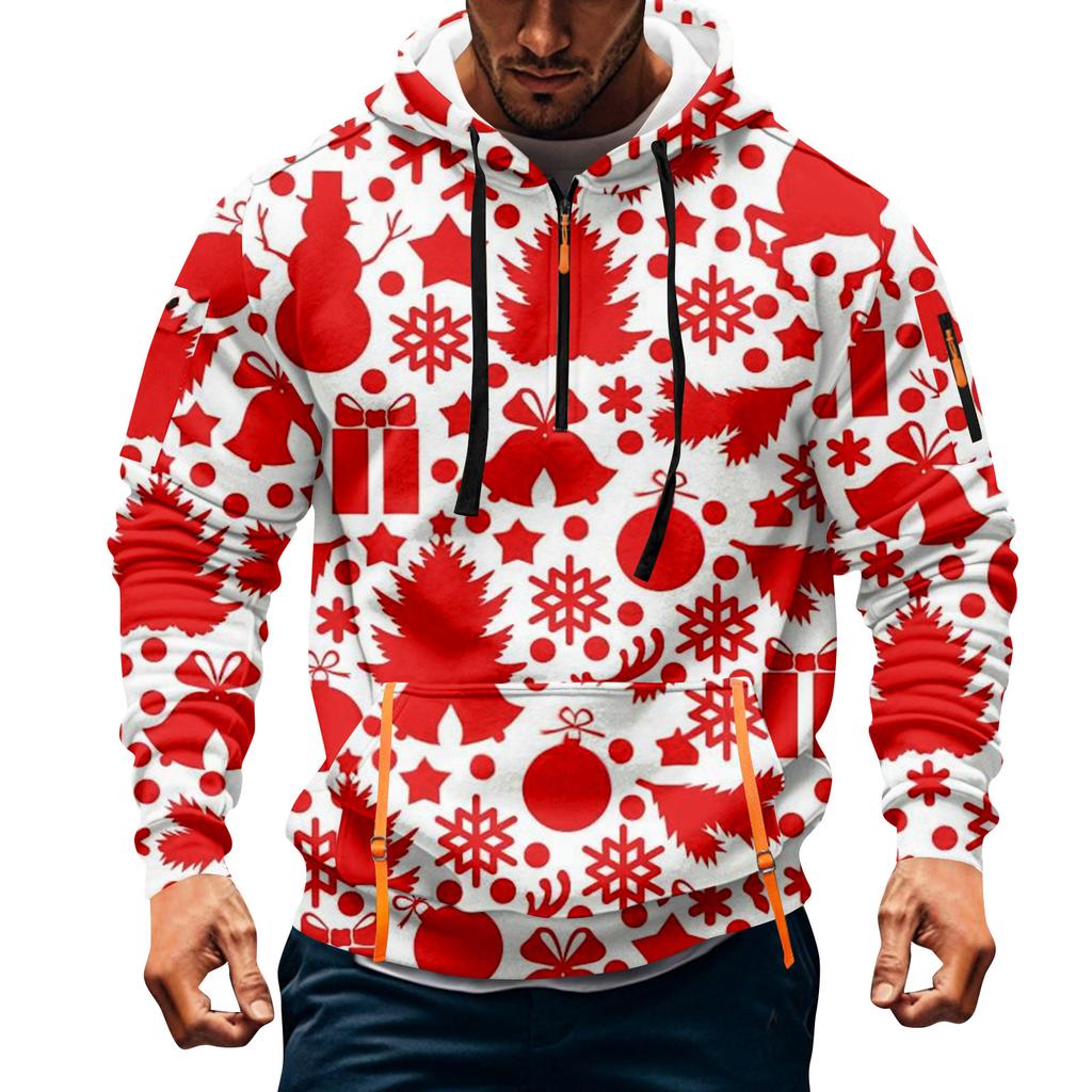 Men's Christmas Print Hooded Half-Zip Casual Sports Sweatshirt