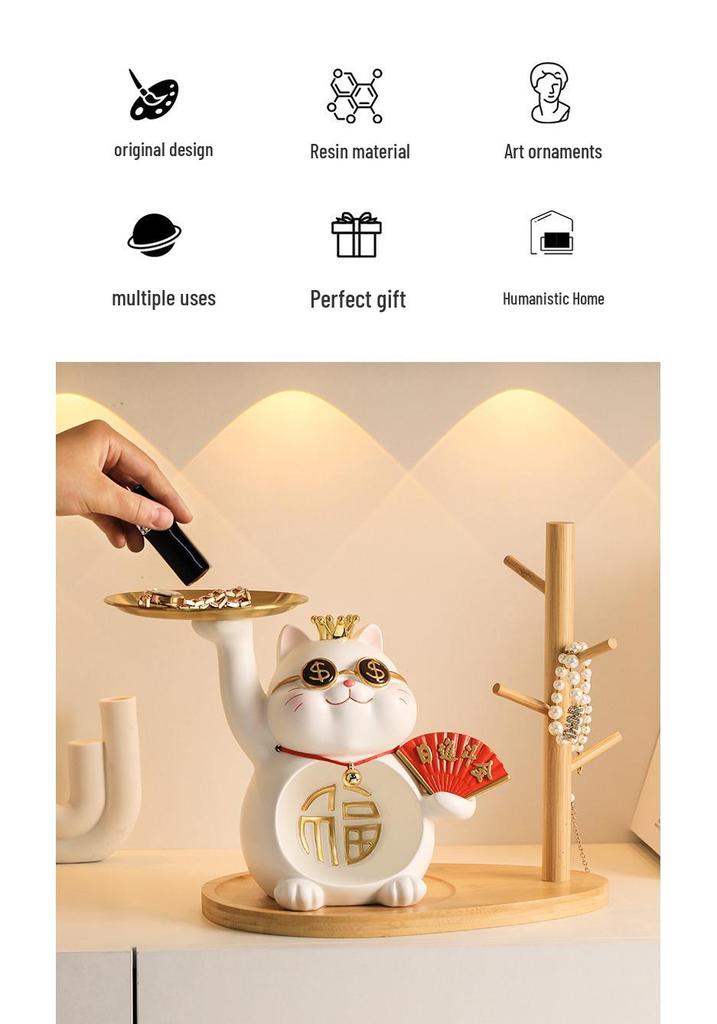 Japanese Style Resin Lucky Cat Storage Tray - Housewarming & Decorative Gift Ornament