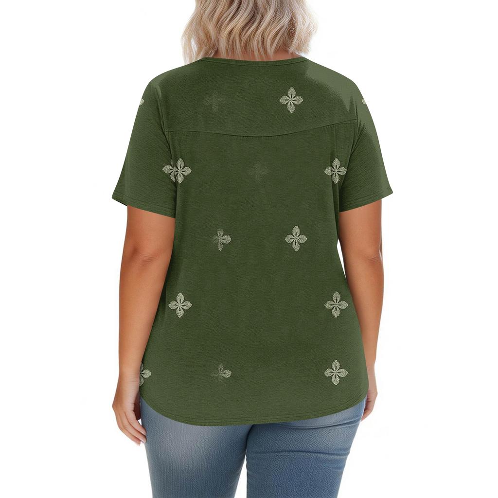 Modisches, lässiges Damen-Top mit V-Ausschnitt, Knopfleiste, Oversize-Schnitt, kurzen Ärmeln und Print