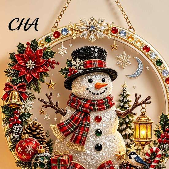 Seasonal Winter Room Decor Xmas Snowman Hanging Ornament, Round Acrylic Santa Reindeer Decorations for Home Christmas Door Sign Festive Window