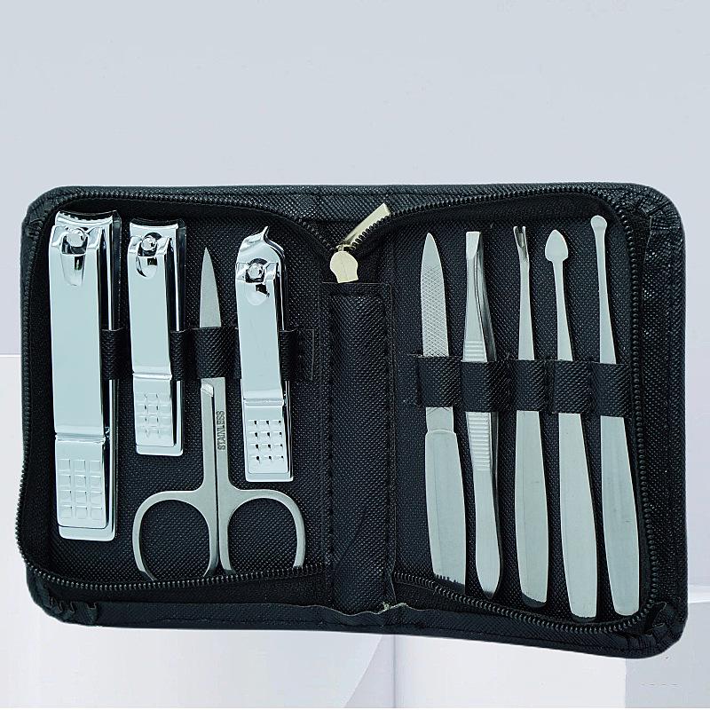 Stainless Steel 9-Piece Manicure & Pedicure Set with Tweezers and Nail Clippers In Black.