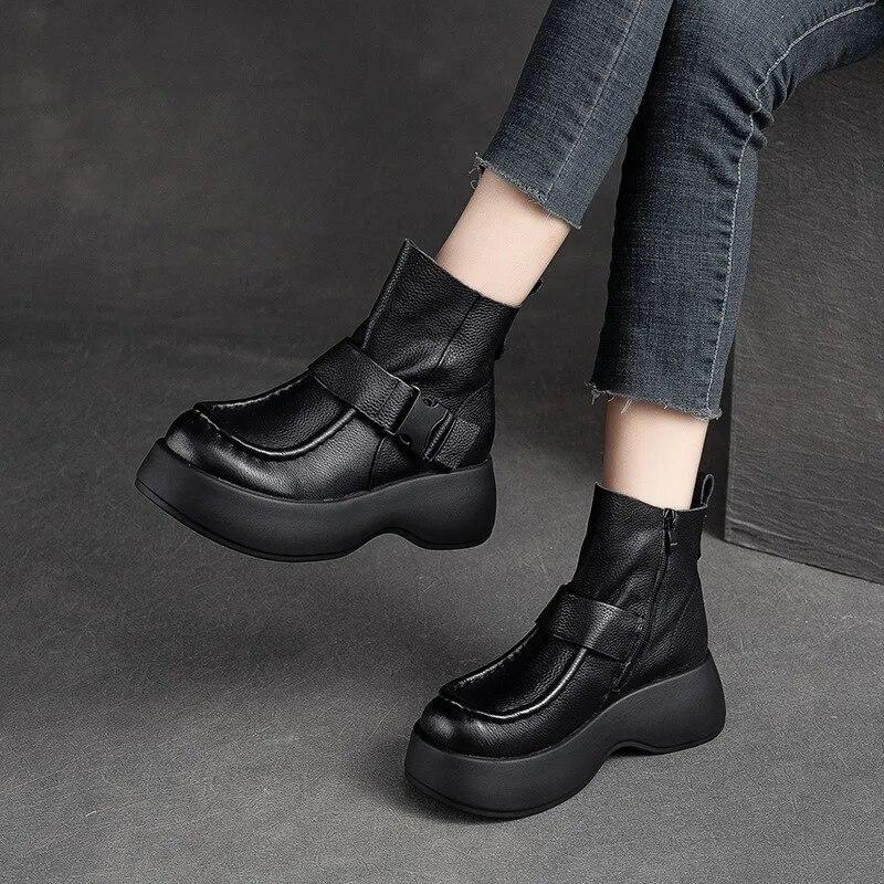 Johnature Versatile Retro Short Boots Thick Sole Genuine Leather Boots Comfortable Women's Shoes