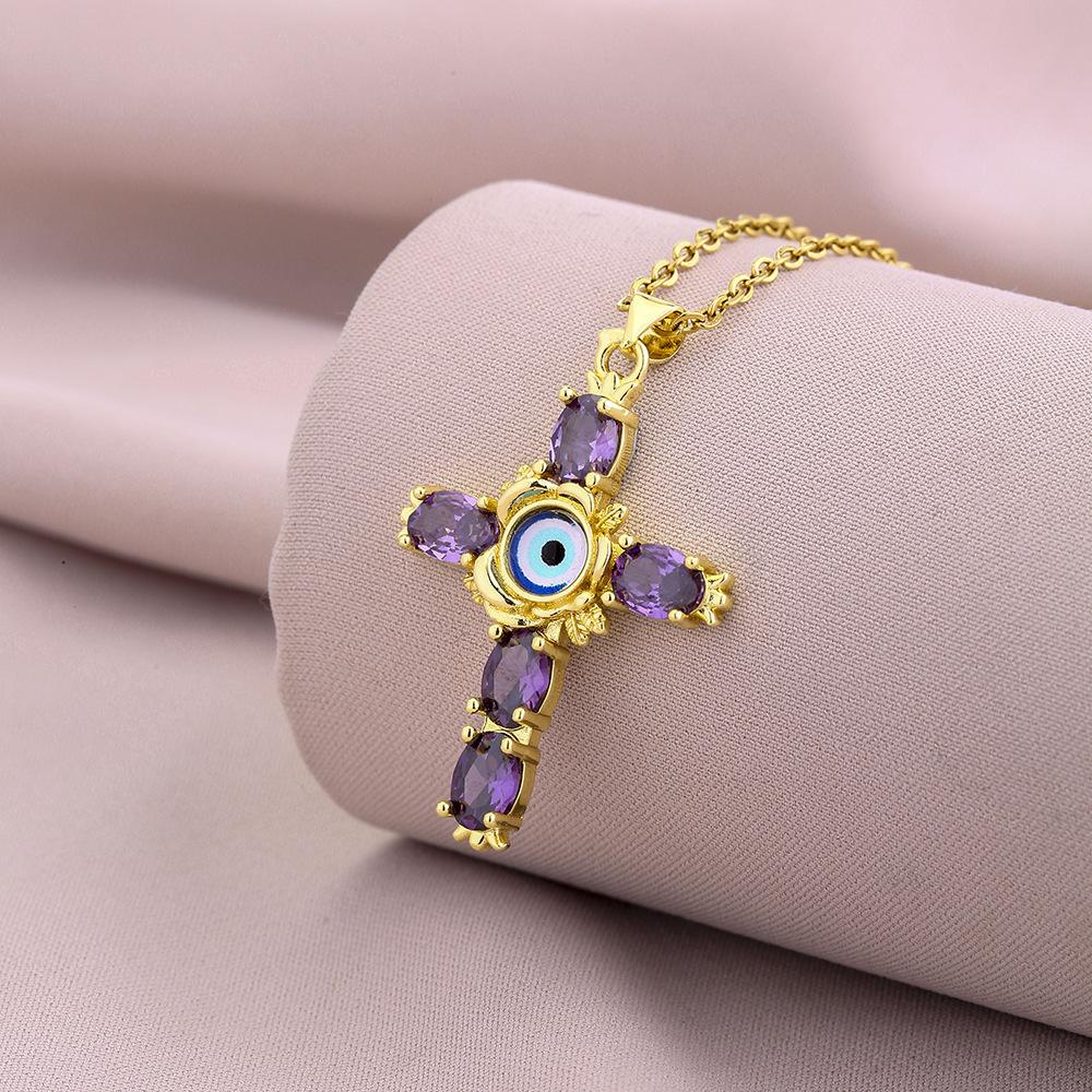New Zircon and Eye Cross Necklace Girlfriends Couple Simple Sweet Temperament Titanium Steel Clavicle Chain Neck Chain