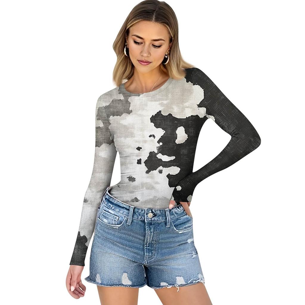 Dámské A Zimní Slim Spodní Tričko Módní Ležérní Gradientní Potisk Kulatý Výstřih Pulovr Dlouhý Rukáv Top