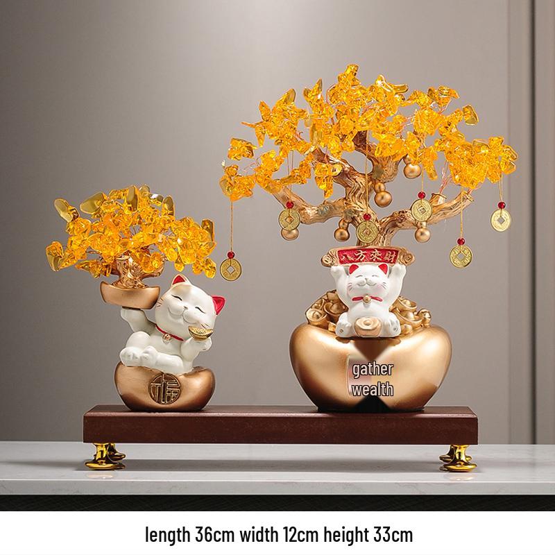 Fortune Cat Money Tree Figurine - Office, Shop, Reception & Housewarming Decoration