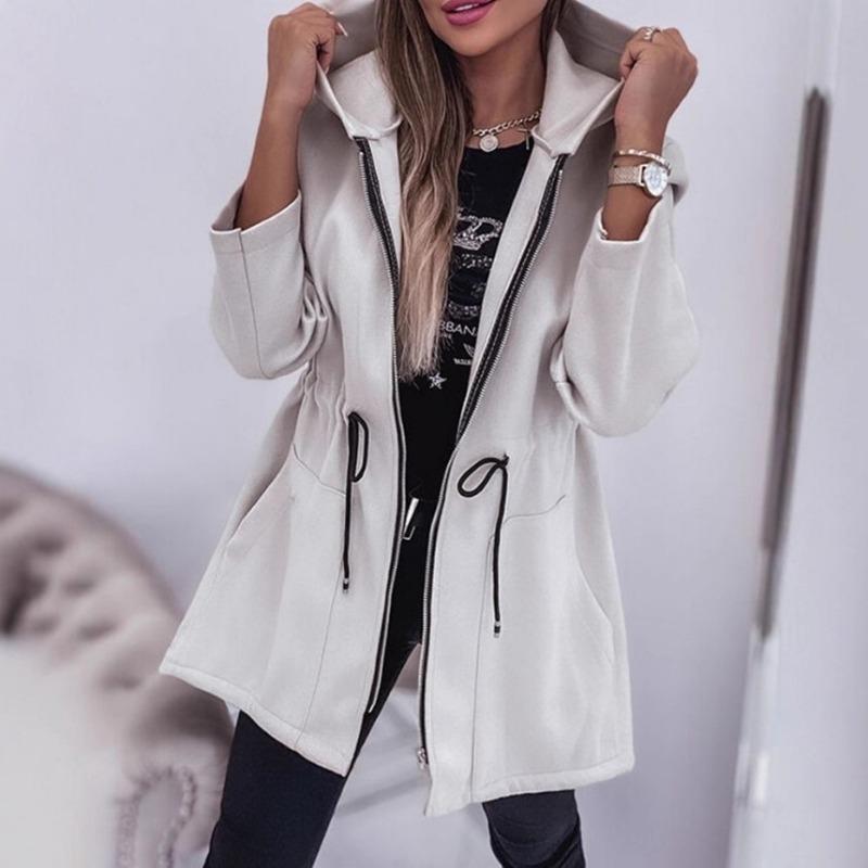 Dames S Capuchon Lange Mouw Tailleband Rits Effen Middellang Casual Jas