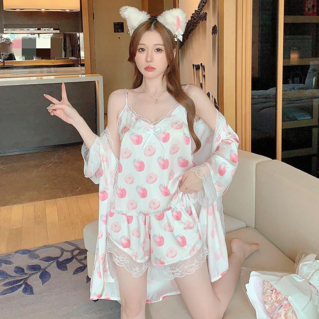 Women's Summer Ice Silk Lace Pajama Set - Sexy Japanese-Style Robe with Sling Shorts
