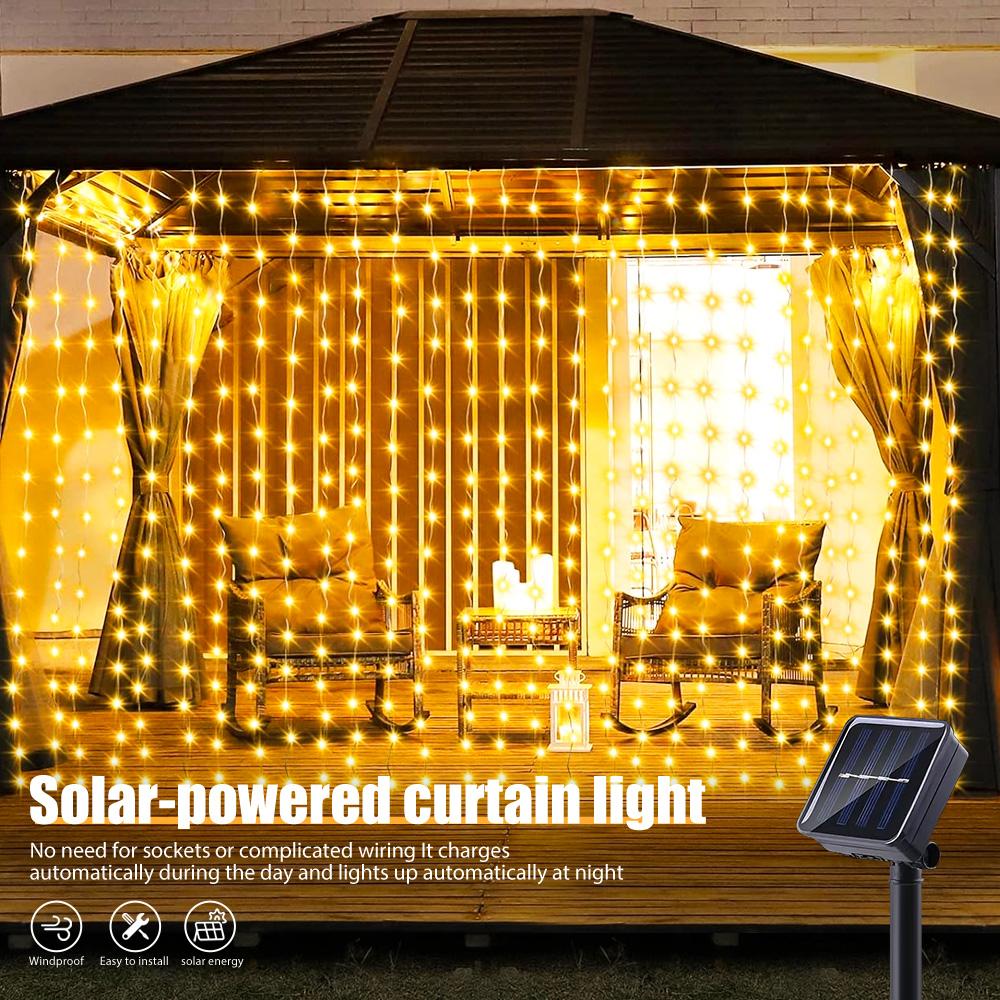 Outdoor Solar Curtain Light 8 Lighting Modes Fairy String Lights  Waterproof Garden Party Wedding Christmas Decorative Lamps