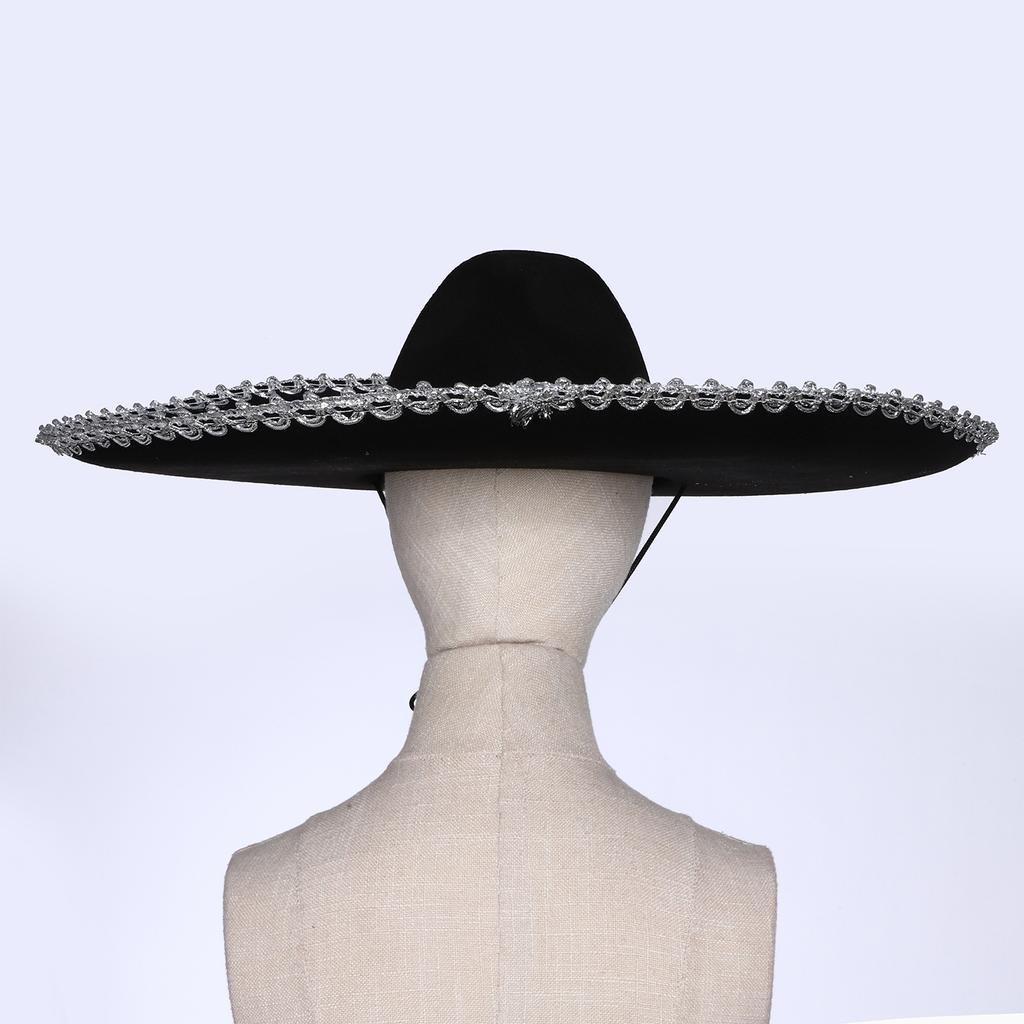 Corned Mexican Hat with Skull Design & Metallic Braid, Wide Brim Festival Accessory for Halloween Carnival Themed Parties