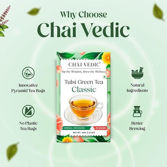 Chai Vedic Tea | Tulsi Green Tea Classic | Tulsi Tea | Green Tea | 20 Tea Bags | Tea Powder