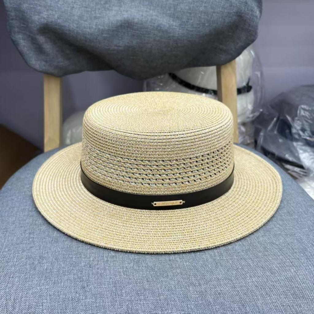 Straw summer new French hollow flat top straw hat unisex sunshade sunscreen vacation breathable top hat