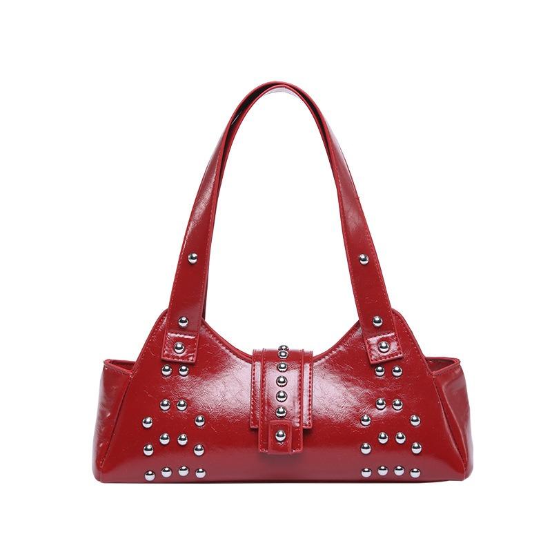 New Personalized Street Punk Style Oil Wax Leather Underarm Bag Spice Girl Style Versatile Trendy Cool Rivet Shoulder Bag