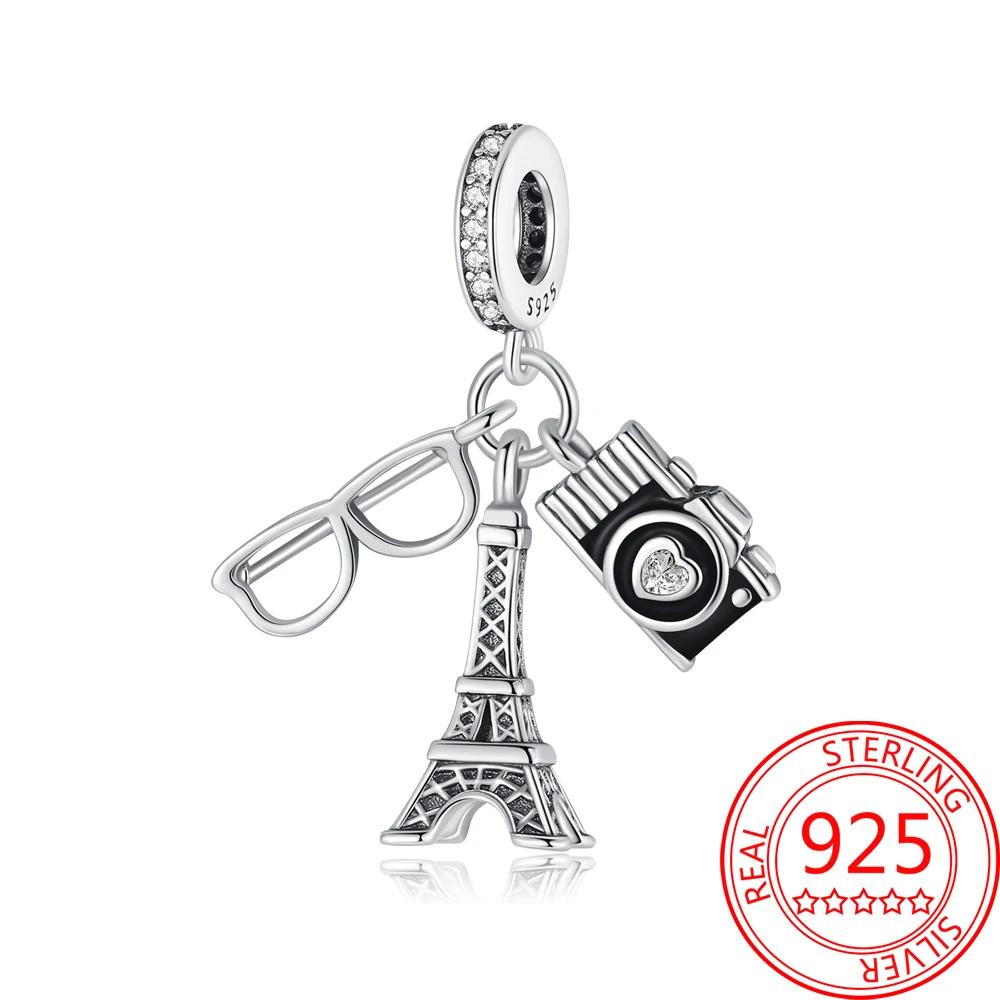 Creative 925 Silver Eiffel Tower Gold Heart Double Charm Fit DlY Bracelet Necklaces Women's Dating Jewelry Accessories