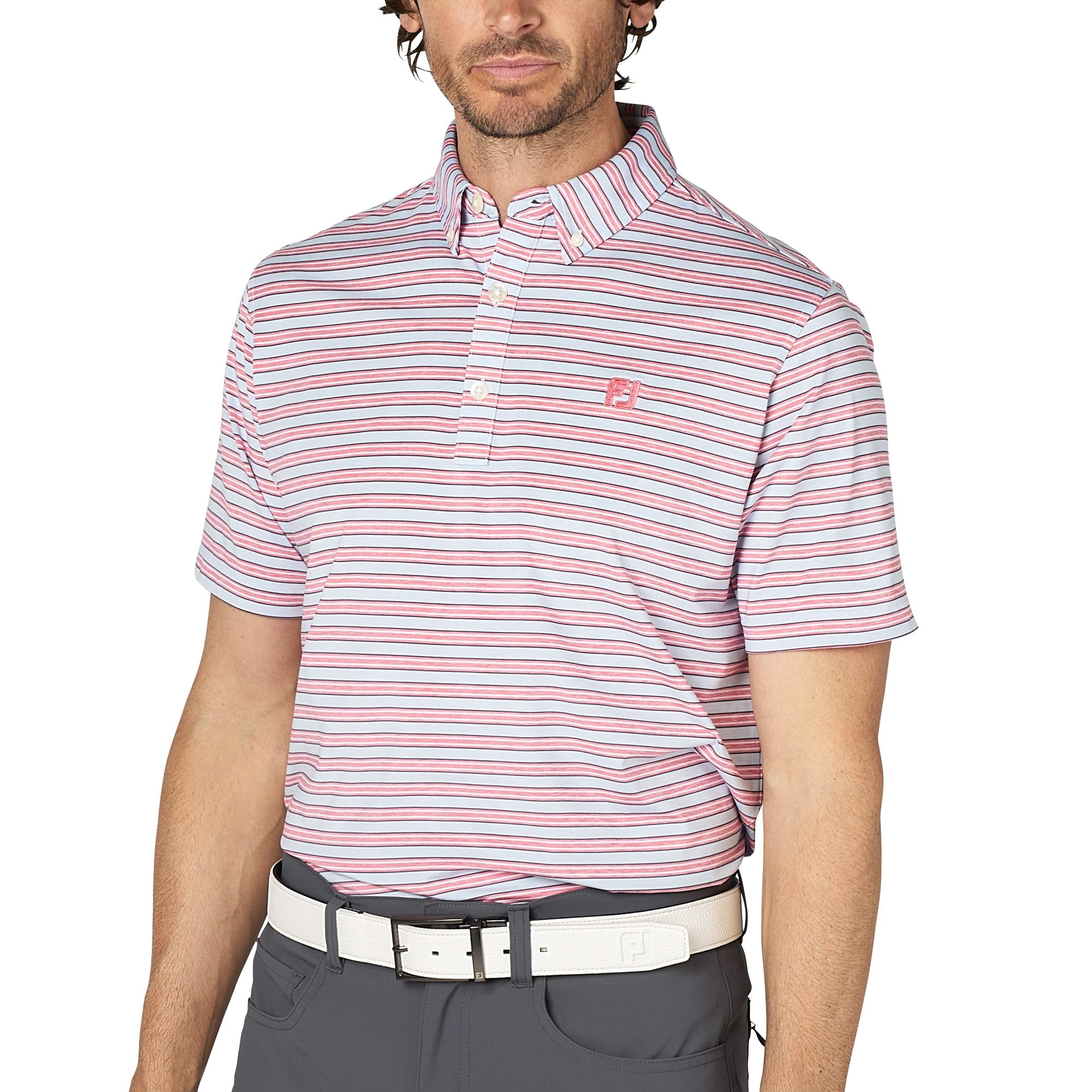 Мужская рубашка для гольфа FootJoy с коротким рукавом, на пуговицах, с узором Heather Skyway Heather Stripe, размер L (FJ-S25-S11, 34521-L)