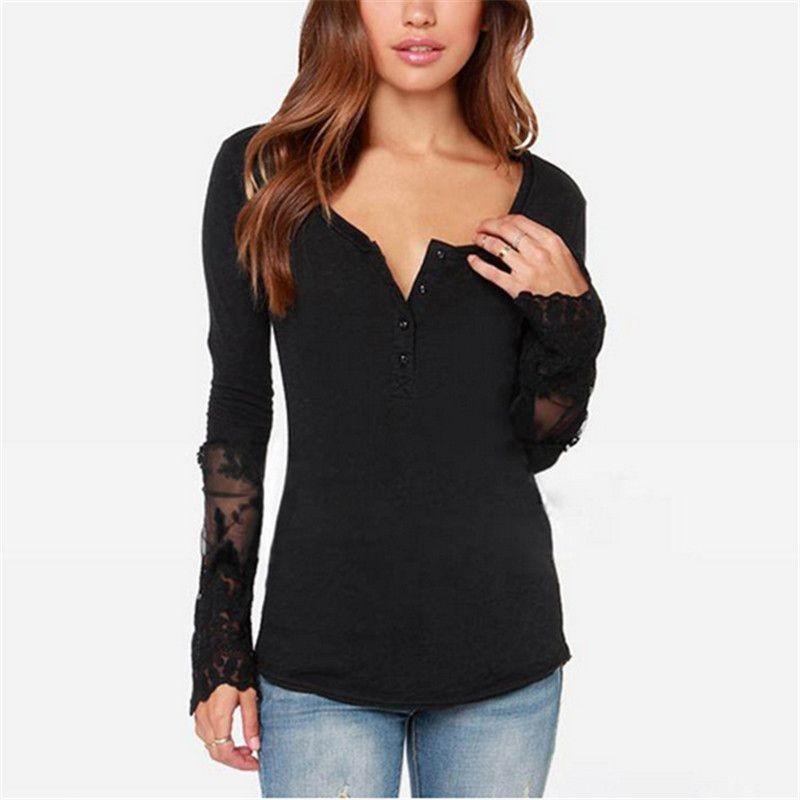 Elegant Lace Stitching Women's T-shirt Slim Fit Long Sleeve Cotton Top
