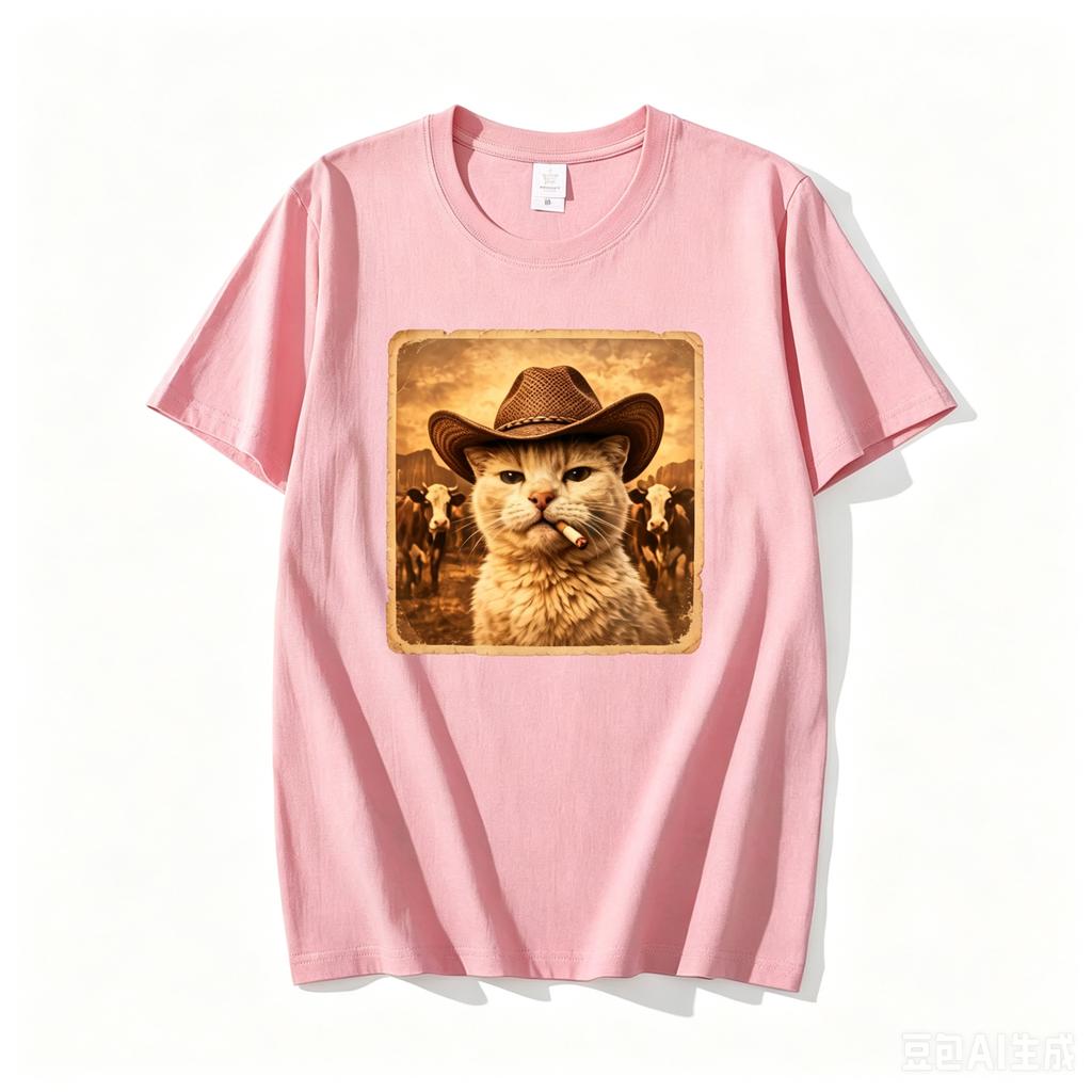 Funny Cowboy Cat Meme T Shirt Unisex Western Graphic Tee Weird Cat Lover Tshirts Retro Meme T Shirts Casual Round Neck Printed Tops
