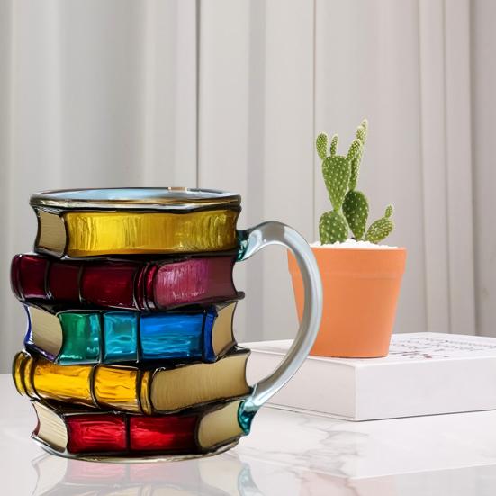 Cana Pictată Stivă de Cărți Cană de Cafea din Sticlă în Formă de Carte 11 oz Cană Literară Unică Cadouri pentru Iubitorii de Cărți Birou