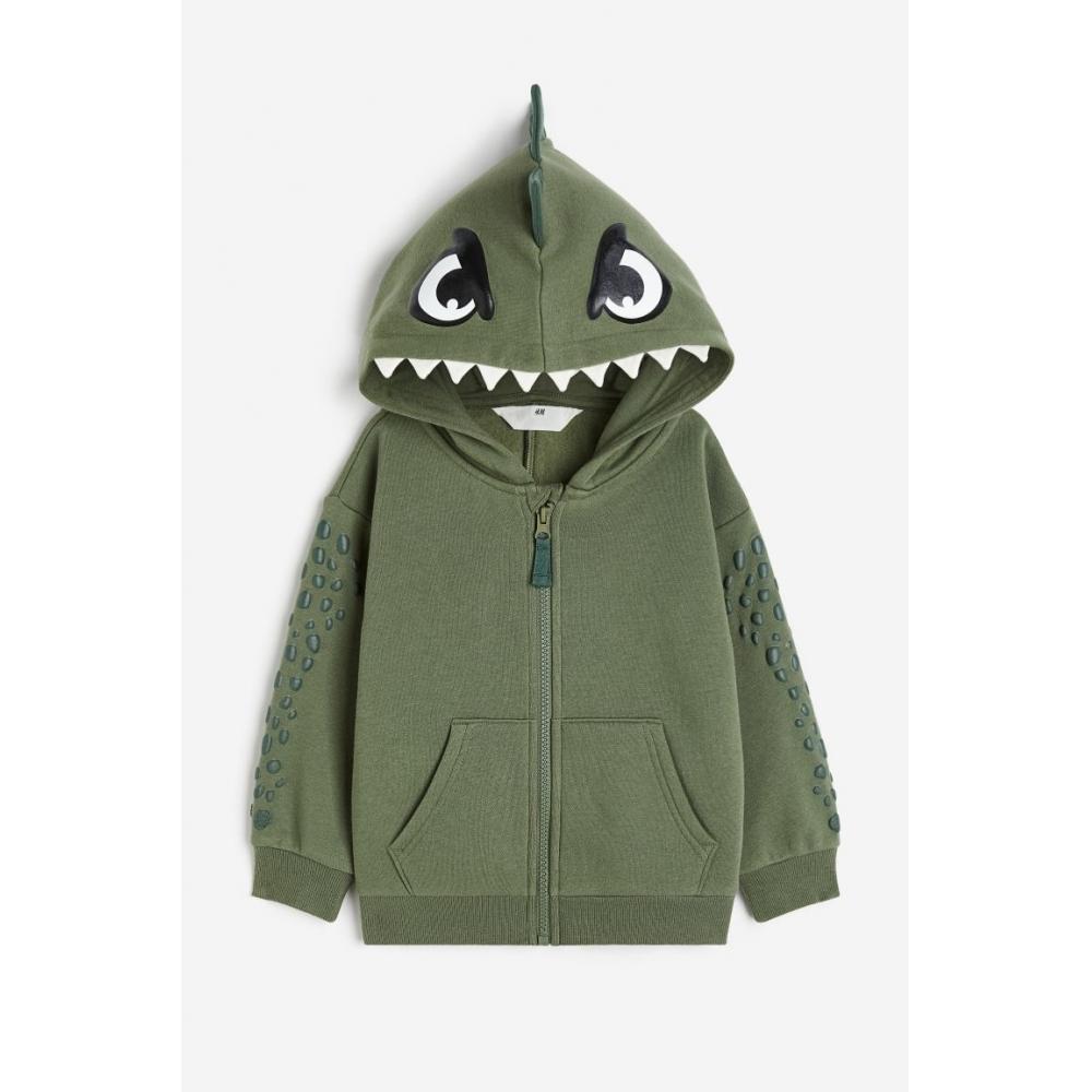 

H M Applique Zip Up Hoodie Dark Khaki Green Dinosaur