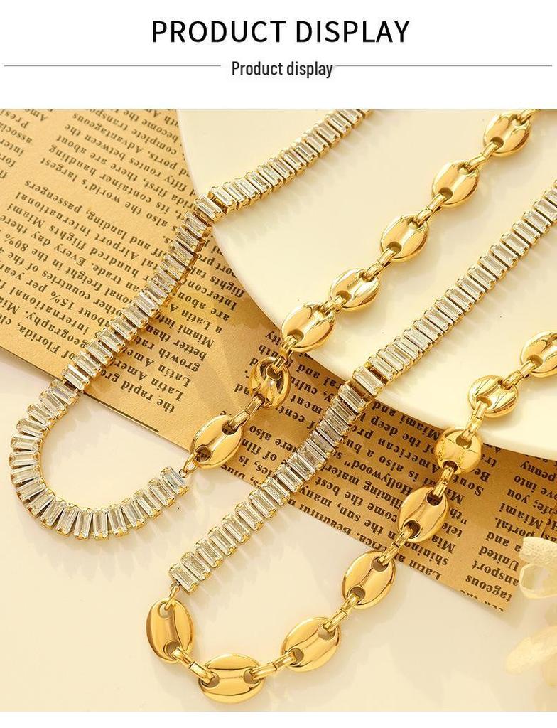 Geometric Zircon Pig Nose Spliced Bracelet & Necklace Set - European/American Nude Chain, Non-Fading P196-E009