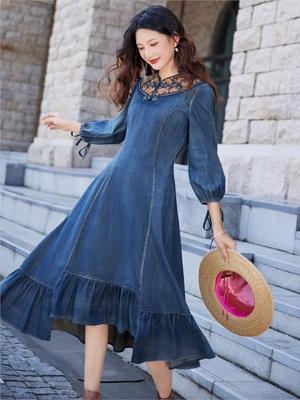Frauen Mode Stickerei Chinesischen Stil Kleid Einfarbig Unregelmäßigen Fischschwanz Denim Kleider