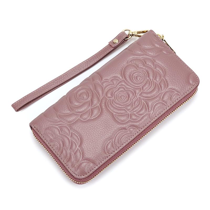 Camellia Women's Genuine Leather Long Wallet, Large Capacity Clutch for Phone and Cash
