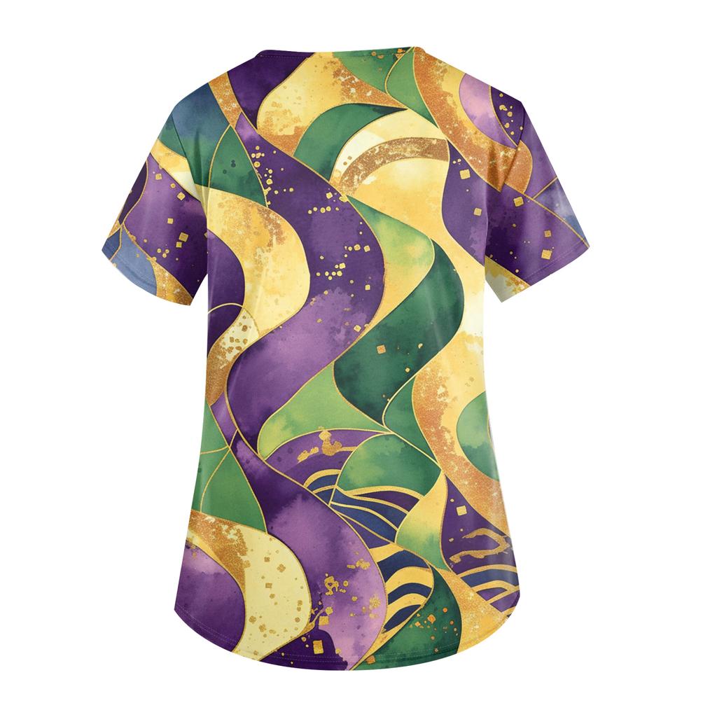 Ladies' Carnival Printed Fashion V-neck Pocket Short Sleeved Nurse's Wear And Worker's Top