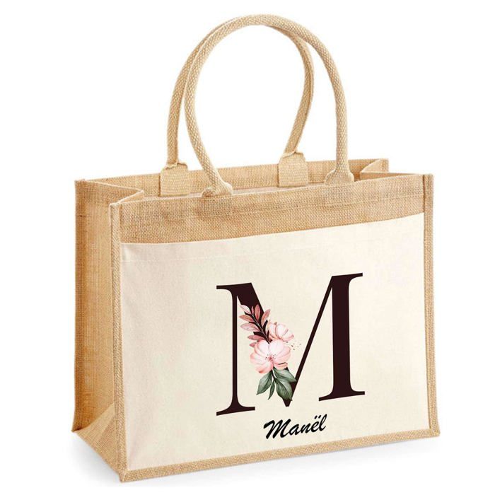 Cabas Jute avec poche Manël Lettre Fleur | Cadeau Anniversaire Femme Noël Fête des Mères Sac de Shopping avec grande pochette