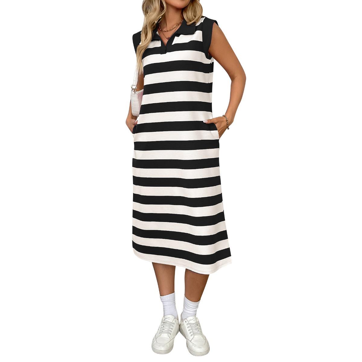 Summer Striped Pocket Lapel Sleeveless Long Midi Dress for Women European American Crossborder Casual Dress S