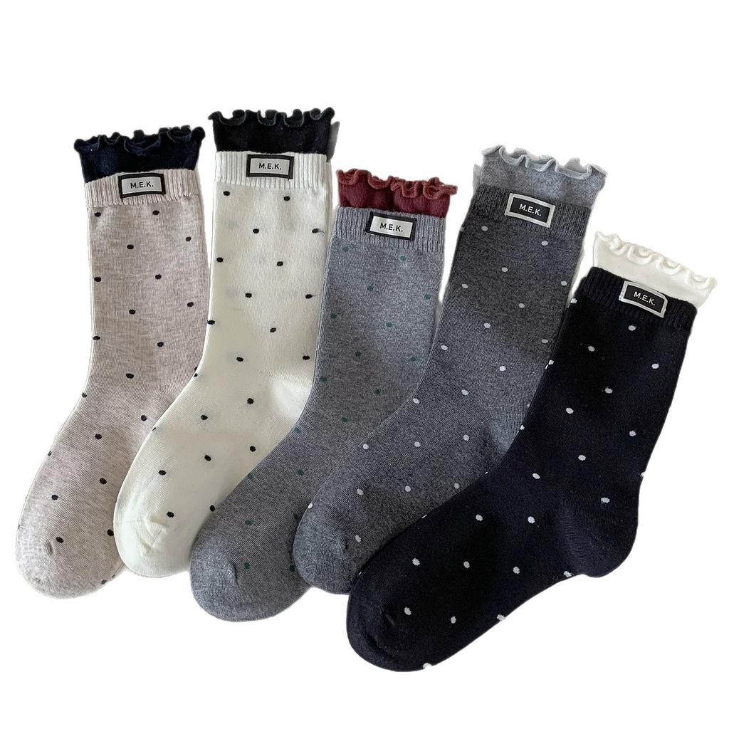 Womens Polka Dot Mid Crew Socks Ballet Style Delicate Lace Edging and Ruffle Trim Fashion Woven Label Simple Design Socks