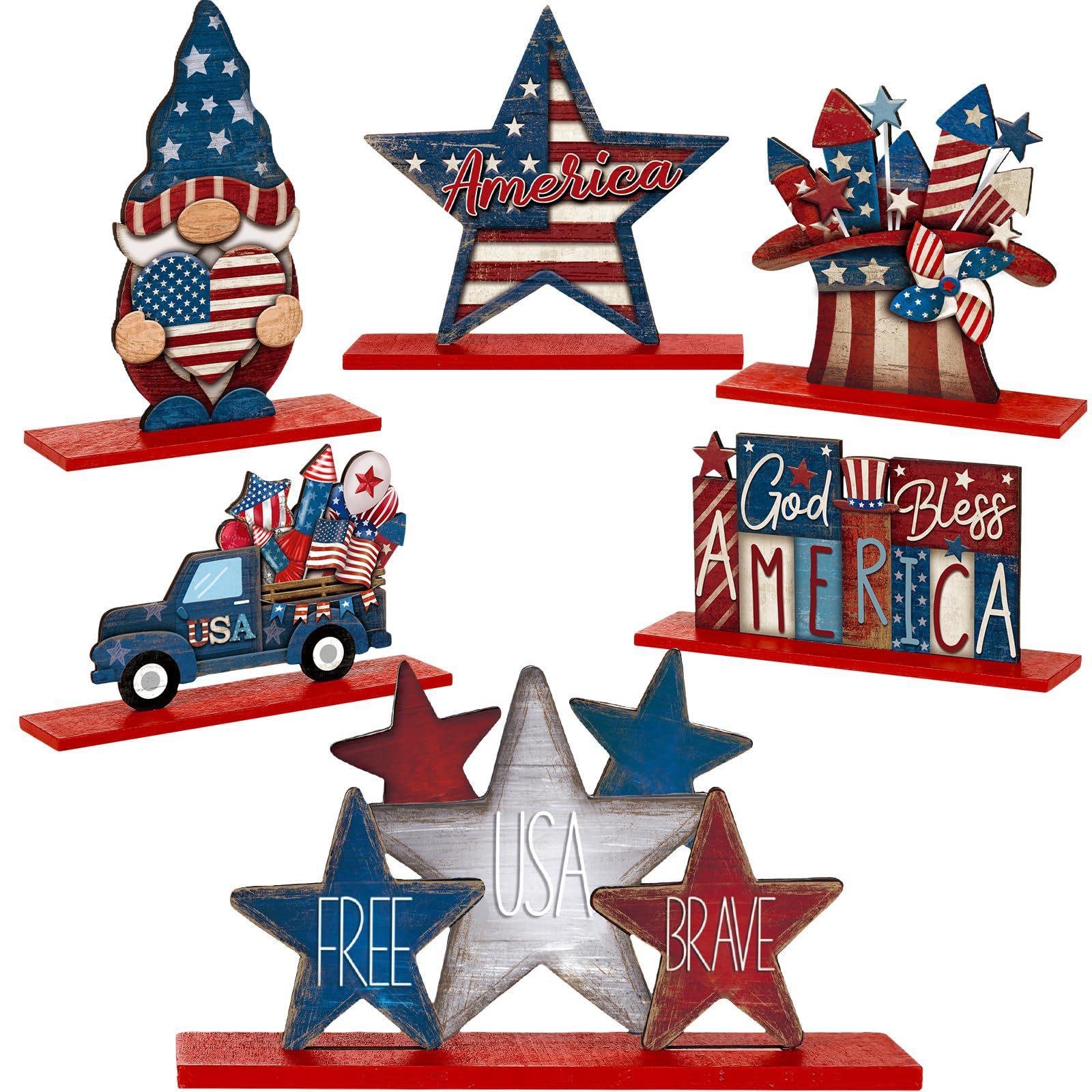 

Patriotic Wooden Decoration Set for Independence Day Display Featuring Stars Gnome Truck and Fireworks Designs on Stands for Tabletop or Shelf One Size