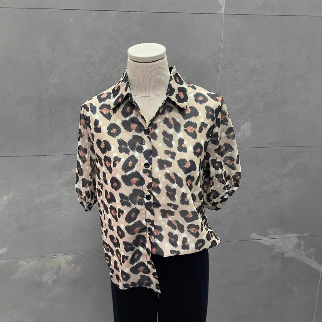 Leopard Print Retro Chiffon Shirt: Loose, Versatile, Short Sleeve Lapel Top for Women