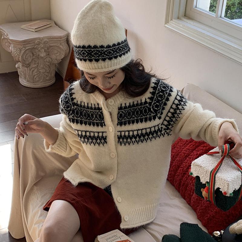 

Осенне-зимний однобортный вязаный свитер с шапкой, короткий кардиган, свободный свитер с круглым вырезом, повседневный винтажный принт, женский One Size