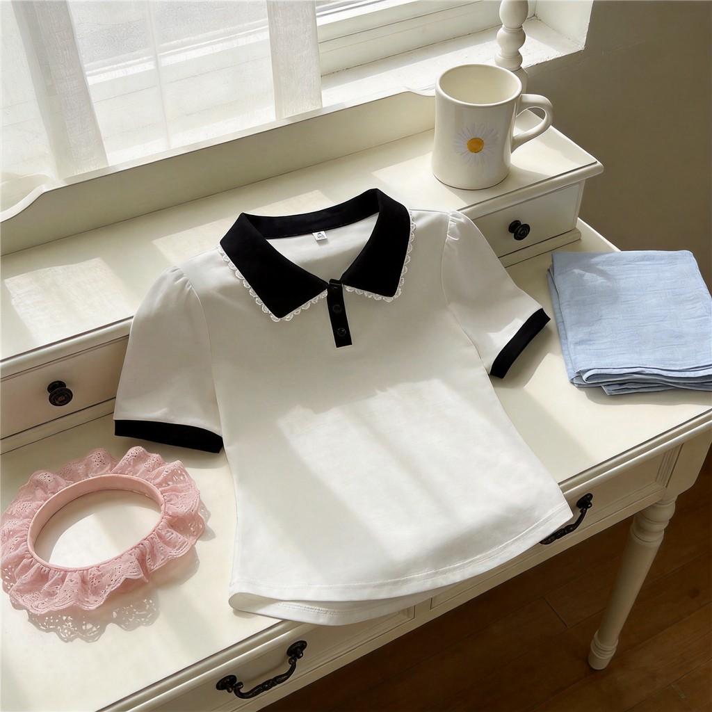 Summer Short Sleeve T Shirt For Women With Doll Collar And Spliced Fabric For Casual Wear