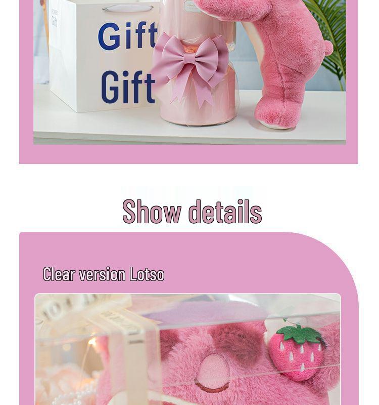 Strawberry Bear Doll & Preserved Rose Bouquet - Soap Flower Gift for Girlfriend