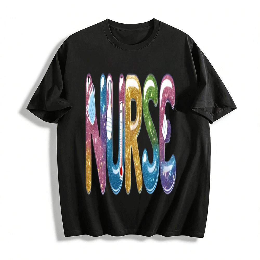 Glitter Print Nurse Themed Casual Tee With Medical Elements Pure cotton T-shirt XXS