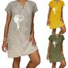 Women's Summer Casual Fashion Print Short-sleeve V-neck Loose Cotton Linen Dress